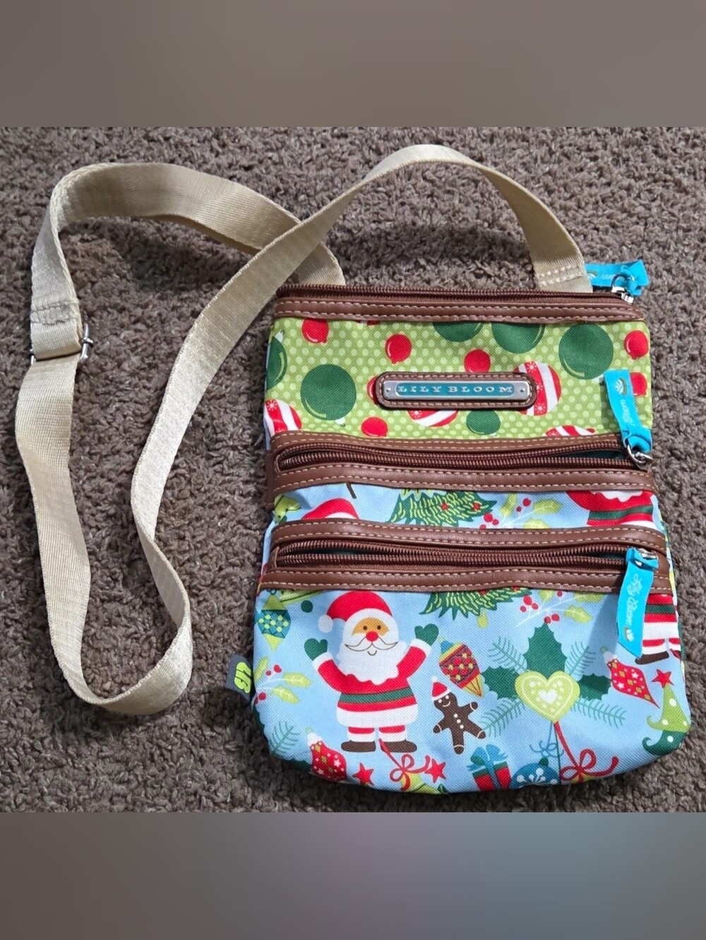 Lily Bloom Christmas Santa Crossbody Bag Purse Holiday Print Multi-Pocket
